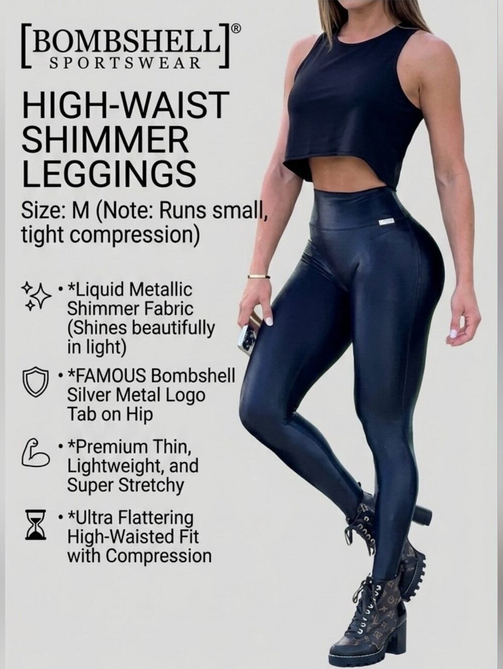 Bombshell Sportswear Shimmer Leggings Black Shiny High Waist Metal Logo Size M
